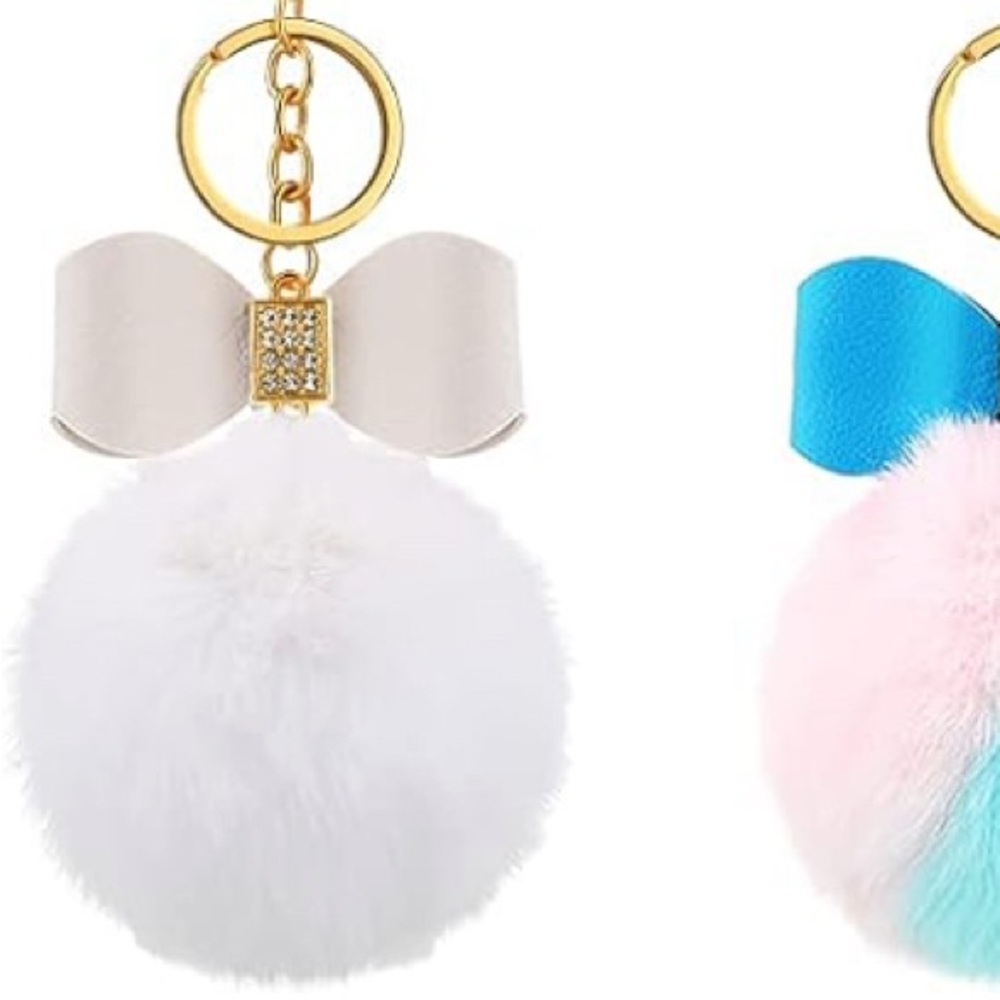 White Bow Keychain with White Fluffy Pom Pom